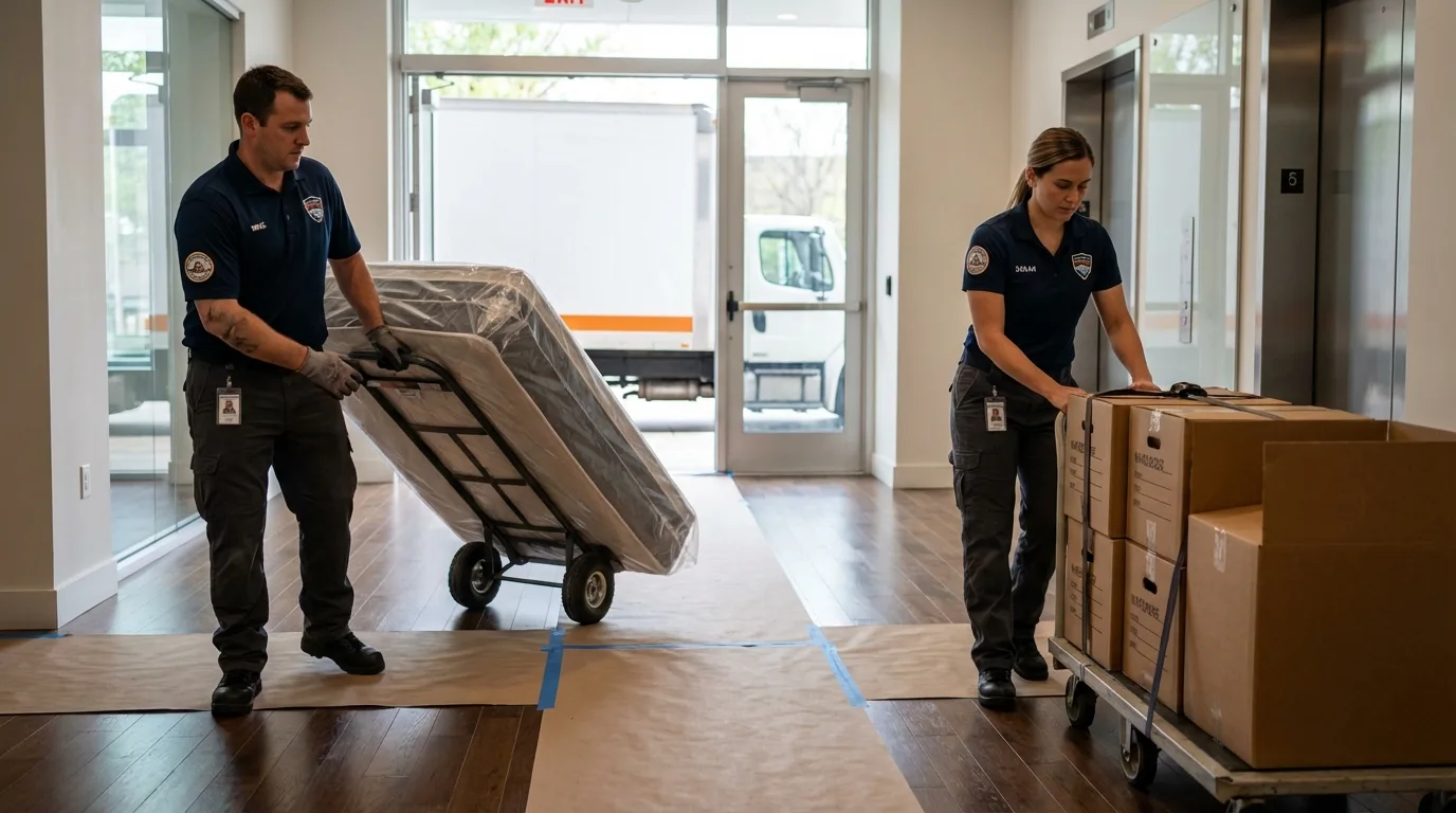 Professional apartment movers loading elevator in Hennepin, IL