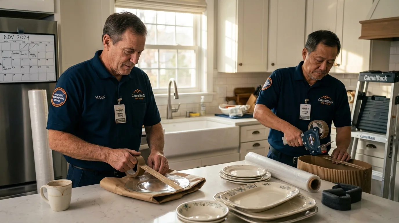 Professional crew packing kitchen dishware in Hennepin, IL